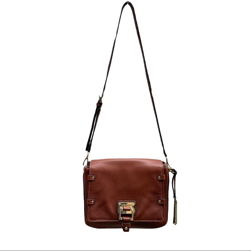 Vince Camuto cognac brown leather flap crossbody purse bag
